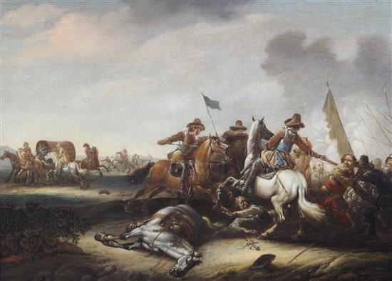 Attributed Abraham Van Der Hoef (Dutch 1611-1666) A Cavalry Skirmish 13.25 x 18in.